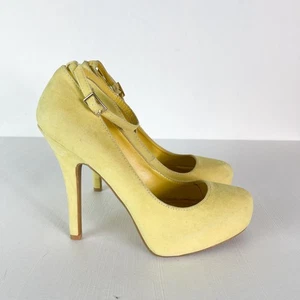 Bamboo NWD Women's Round Toe Faux Suede Stiletto Heel Ankle Strap Pumps Yellow 8 - Picture 1 of 7