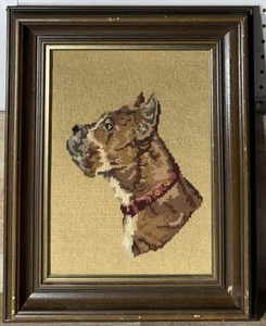 Vintage European Needlepoint Boxer Dog Portrait Framed Wool Tapestry Wood Frame - Picture 1 of 12