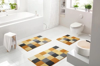 karierter Badteppich orange gelb rutschfest waschbar 4 Größen Badvorleger - Bild 1 von 4