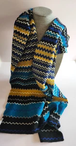 Halogen 100% Cashmere Scarf Wrap Blue Yellow Black White Chevron Stripes Pattern - Picture 1 of 7