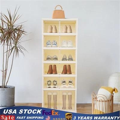 6 Tiers-12 Pairs Shoe Box Foldable Shoe Rack Shoe Storage Organizer with Doors - Image 1 of 4