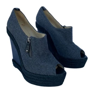 Christian Louboutin Espadrille Deroba Gray Wool Peep Toe Platform Wedge Size 38 - Picture 1 of 12