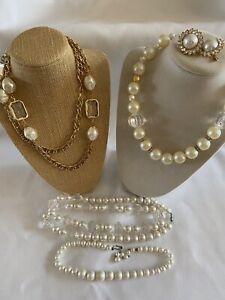 Vintage Faux Pearl Jewelry Lot 4 Necklaces & 1 Pair of Clip On Earrings