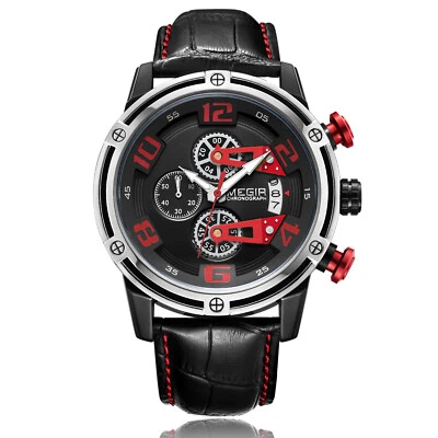 MEGIR Men's Watches Quartz Movement Silver Alloy Case Leather Band Red Dial 2078 - Image 1 of 4