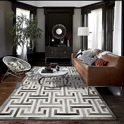 Hand Woven Natural Cowhide Hair on Patch Work Leather Carpet Room A-09 - Image 1 of 4