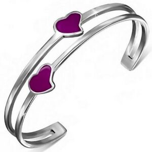 Stainless Steel Silver-Tone Purple  Enamel Love Heart Open End Bangle Bracelet