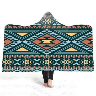 Aztec Geometric Diamonds Chevrons Zigzags Warm Fleece Hooded Blanket Throw Gift - Image 1 of 4
