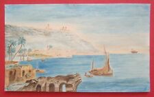 Orig. Zeichnung naive Malerei Orient heiliges Land Stadt Hafen Schiffe um 1900
