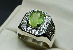 Natural 3.5 Ct Pale Green Peridot Sterling Silver 925 Handmade Peridot Mens Ring - Picture 1 of 12