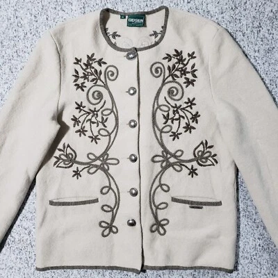 Vintage GEIGER Collections Cardigan Womens 36 Austria Wool Flowers Beige Sweater - Image 1 of 4