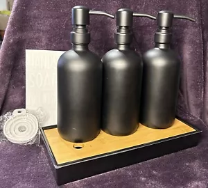 6pcs/Set Matte Black Dispenser Set, Hand Soap & Lotion Dispenser W/ Bamboo Tray - Picture 1 of 4
