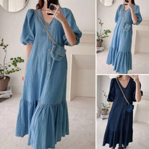 UK Women Summer V Neck Denim Jeans Long Dress Casual Loose Shirt Dresses Kaftan# - Picture 1 of 22