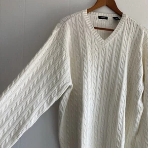 VTG Izod 80s Sweater White Long Sleeves Cable Knit Crew Neck Mens Or Unisex Sz L - Picture 1 of 13