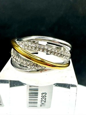 Ladies silver ring  two tone band  2263 dome cz stainless steel gold 2263 - Image 1 of 4