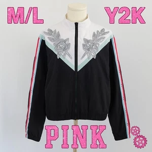 VS PINK Bling Windbreaker M/L Black White Zip Jacket Y2K Coquette Aesthetic - Picture 1 of 12