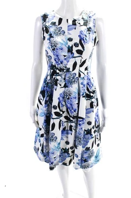 Eliza J Womens Floral Print Pleated Sleeveless A Line Dress White Blue Size 2 - Image 1 of 4