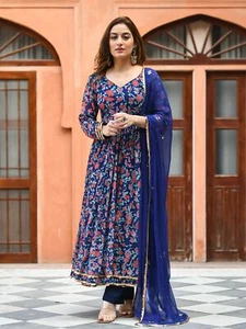 Abito Kurti blu donna etnico fatto a mano Kurta con pantalone Dupatta per matrimonio - Foto 1 di 7