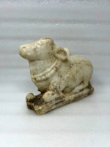Ancient Heavy Marble Stone Hand Carved Holy Sitting Bull Nandi Sculpture - Picture 1 of 6