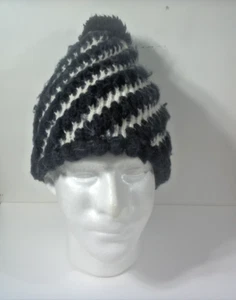 Beanie Knit Winter Stocking Cap Hat Black w/ White Stripes Fuzzy Ball WARM!! - Picture 1 of 4
