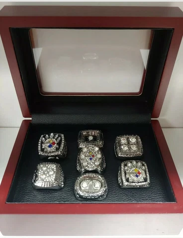 Pittsburgh Steelers - Super Bowl Silver Color 7 Ring Set w Box. Roethlisburger Cover