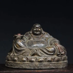 9.1" Antique Tibet Tibetan Buddhism temple Bronze gilt Maitreya Buddha statue - Imagen 1 de 9