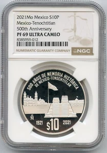 2021 Mexico Tenochtitlan 500th Anniversary 10 Pesos Silver NGC PF69 Coin - JR103 - Picture 1 of 2