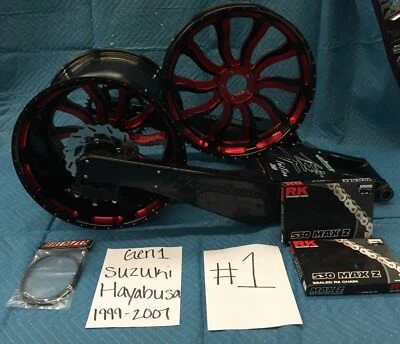 HAYABUSA 360 FAT TIRE KIT BLACK/RED INFERNO WHEELS FOR 1999-2007 SUZUKI HAYABUSA Foto 1 de 4