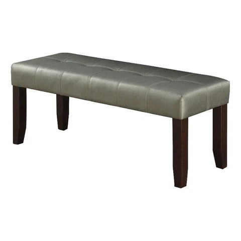 48 Inch Rectangular Dining Bench with Tufted Seat Silver Faux Leather Cover