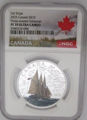 2025 CA $15 TALL SHIPS 3-Masted Schooner SILVER Colorized PF70 ULTRA CAMEO PROOF - Image 1 of 4