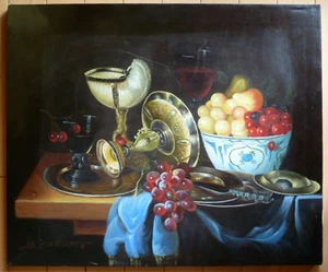 VINTAGE OIL PAINTING FRUIT FRUITS GRAPES SHELL ITALY ITALIAN MODERNIST REALISM - Picture 1 of 16
