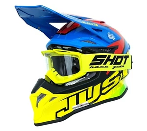 Just1 J39 Motocross Helmet Thruster Flou Yellow Red Blue ECE22.06 FREE GOGGLES - Picture 1 of 7