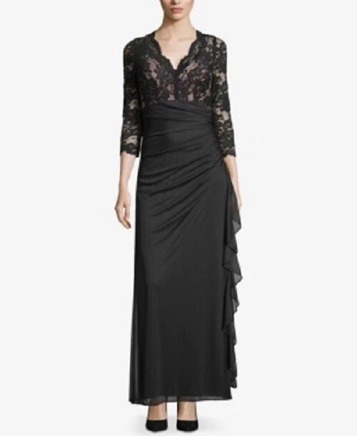 Betsy & Adam Womens Black Ruffled Lace Gown Dress Size 4