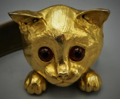 1976 CRISTOPHER ROSS FEITO À MÃO 24 K FOLHEADO A OURO LATÃO GATINHO GATO CINTO FIVELA - Imagem 1 de 4