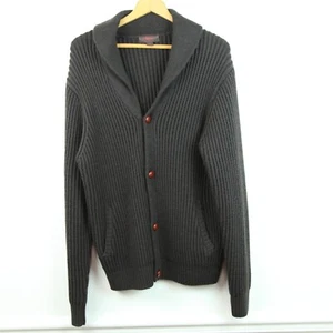 Mens Large Shawl Collar Cardigan Sweater Chocolate Brown Chunky Knit Wool FLAWS - Picture 1 of 13