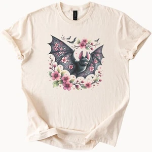 Blumen Fledermaus T-Shirt süß Goth rosa Blumen Tee gruselig Grafik Top - Bild 1 von 4