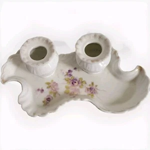Vintage Victoria Carlsbad Austria Double Well Porcelain Purple Roses Inkwell - Picture 1 of 11