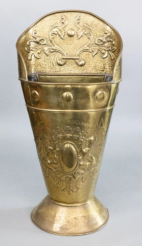 19th C. Antique French Heraldic Hammered Brass Repoussé Grape Hod Umbrella Stand Cover