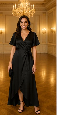 Baltic Born Women's Size L Vara Satin Maxi Wrap Dress Black Evening Cocktail - Image 1 of 4