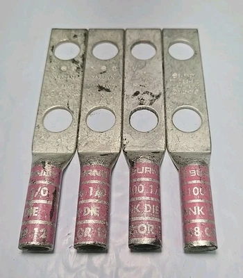 Lot of 4 - BURNDY YA25-2N, YA252N LUG CRIMP N100 1/0 AWG Two HOLE 1/2" STUD PINK