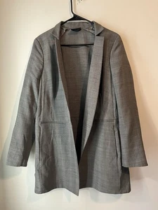 Akris Wool Silk Open Blazer Jacket Size 12 Gray Micro Plaid Long - Picture 1 of 7