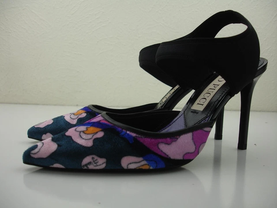 Zapatos de salón para mujer 5 35 Emilio Pucci punta correa en el tobillo estampado brillante terciopelo Foto 1 de 4