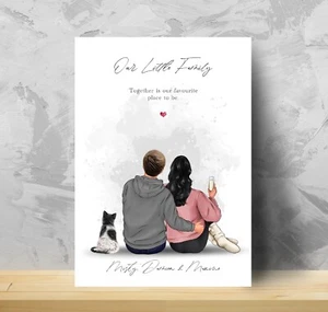 Personalised Family & Cat Print, Pet and Couple Portrait, Pet Owner Picture S5.1 - Picture 1 of 12