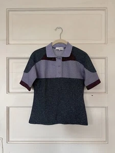 CARVEN 70s INSPIRED COLOR BLOCK DISCO LUREX JEWEL TONE POLO S/S TOP BLOUSE S - Picture 1 of 6