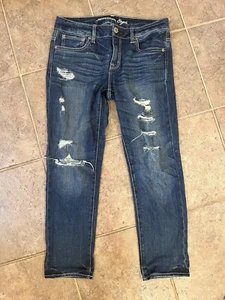 American Eagle 4** Mid Rise Slouchy Darker Blue Distressed Denim Jeans Stretch - Picture 1 of 16