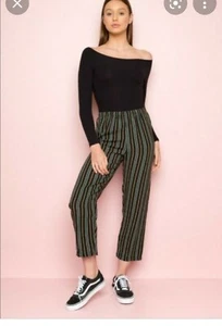 Brandy Melville franky pull on Stripe flowy elastic Pants,size 3 grren/black - Picture 1 of 9