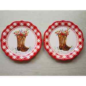 DESSERT/BREAD PLATE-SET OF 2-PIONEER WOMAN-RED CHECK-COWBOY BOOTS-FLORAL-COUNTRY