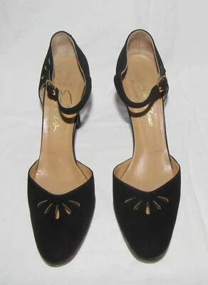 Evins Saks Fifth Avenue Black Suede Cutout D'Orsay Ankle Strap Heeled Pumps 8AAA - Image 1 of 4