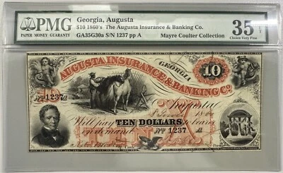 1860's Augusta Georgia - $10 The Augusta Insurance Co - PMG 35 CIVIL WAR NOTE - Image 1 of 2