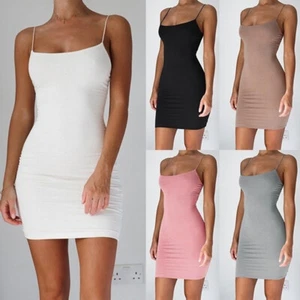 Women Sexy Sling Mini Dress Solid Bodycon Tight Party Nightclub Bandage Skirts - Picture 1 of 141