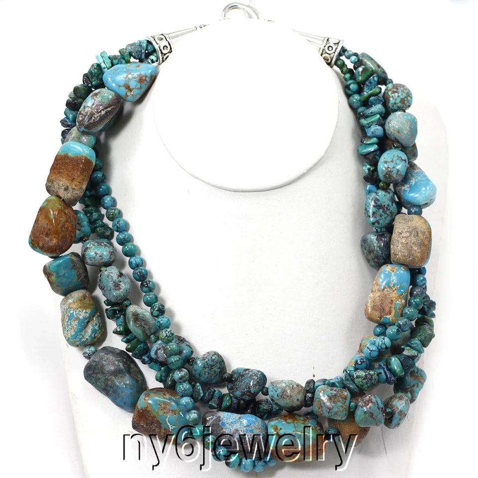 Multi-Strands Natural Green/Blue Turquoise Rough Nugget Necklace 19-22" - Image 1 of 1